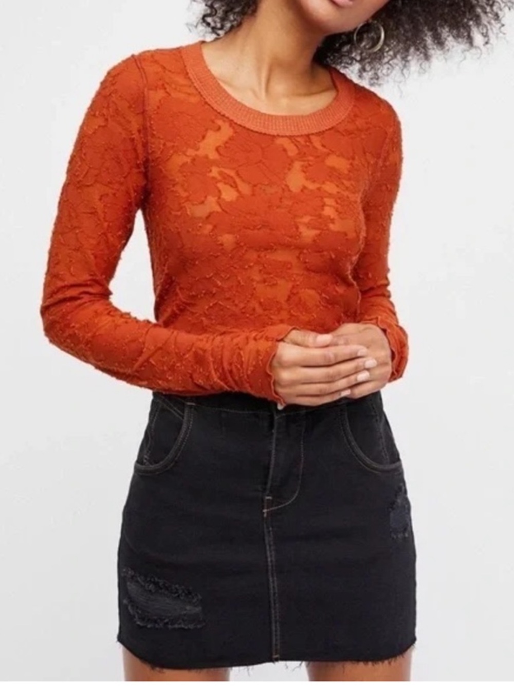 Free People We the Free Rust Orange Floral Applique Burnout Bella Baby Tee Sz M